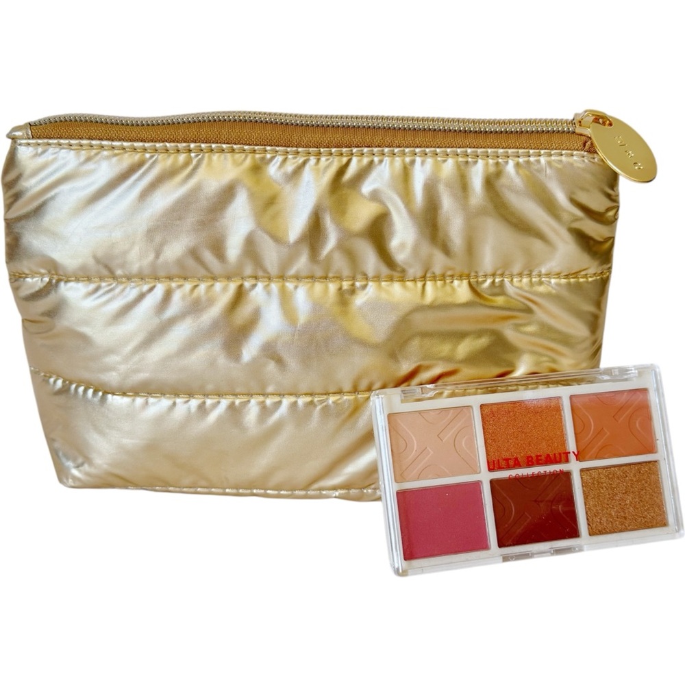 NEW Ulta Gold Zip Cosmetic Makeup Bag & 6 Pan Eyeshadow Palette Neutral